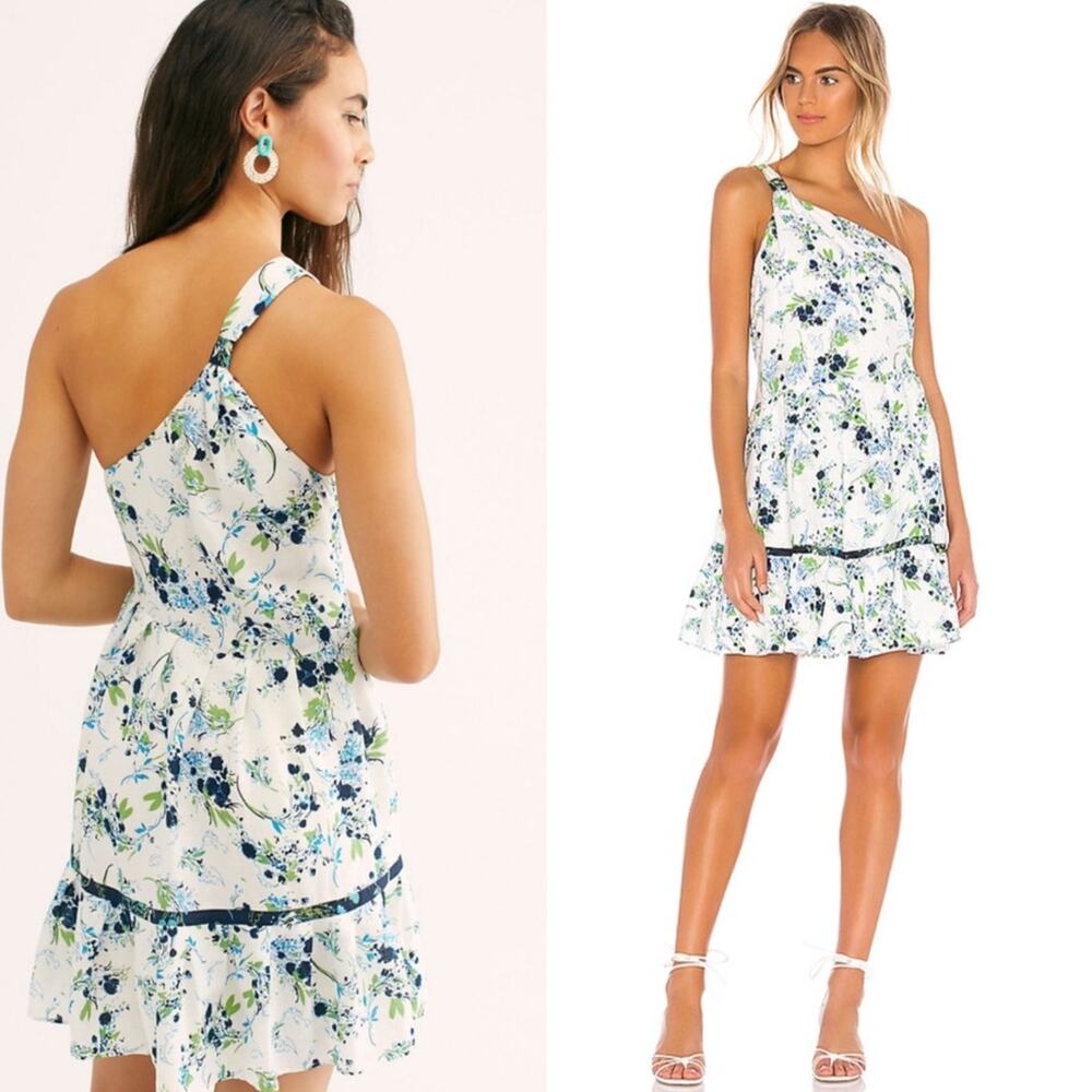 Free People All Mine Mini Dress Size L Blue And White Floral One Shoulder